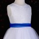Girls White Diamante & Organza Dress with Royal Blue Sash