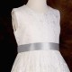 Girls Ivory Floral Lace Dress with Silver Satin Sash