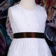 Girls White Floral Lace Dress with Brown Satin Sash