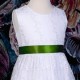 Girls White Floral Lace Dress with Moss Green Satin Sash