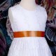 Girls White Floral Lace Dress with Rust Burnt Orange Satin Sash