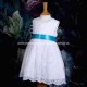 Girls White Floral Lace Dress with Turquoise Satin Sash