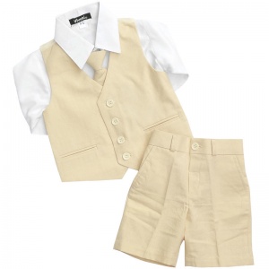 Boys Beige Cotton Linen 4 Piece Shorts Suit