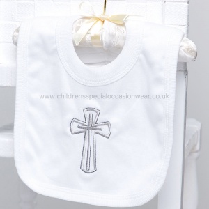 White Cotton Bib with Large Silver Cross