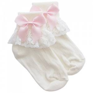 Girls Ivory Lace Socks with Baby Pink Satin Bows