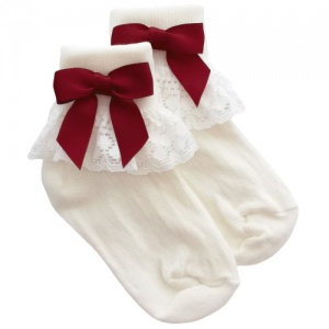 Girls Ivory Lace Socks with Burgundy Satin Bows