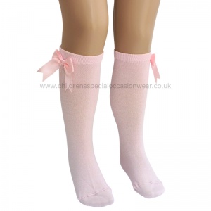 Girls Pink Knee Length Satin Bow Socks