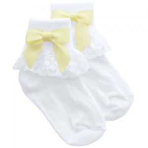 Girls White Lace Socks with Lemon Satin Bows