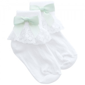 Girls White Lace Socks with Mint Green Satin Bows