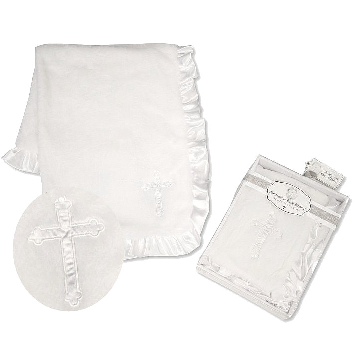White Fleece Christening Blanket with Large Satin Cross