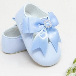 Baby Girls Sky Blue Large Diamante Bow Matt Pram Shoes