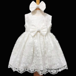 Baby Girls Ivory Bow Embroidered Lace Dress & Headband