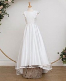 White Satin & Tulle Communion Train Dress - Carmel by Millie Grace