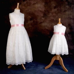 Girls Ivory Floral Lace Dress with Baby Pink Satin Sash