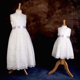 Girls Ivory Floral Lace Dress with Lilac Satin Sash