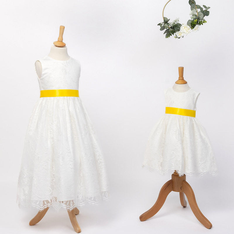Girls Ivory Fringe Lace Dress with Sunshine Yellow Satin Sash