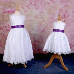 Girls White Fringe Lace Dress with Cadbury Purple Satin Sash