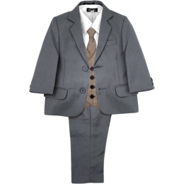 Boys Grey & Brown Check Barleycorn Tweed 5 Piece Suit