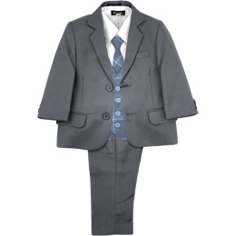 Boys Grey & Chambray Blue Tartan Check 5 Piece Suit