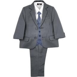 Boys Grey & Navy Check Barleycorn Tweed 5 Piece Suit