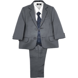 Boys Grey & Navy Tartan Check Soft Tweed 5 Piece Suit