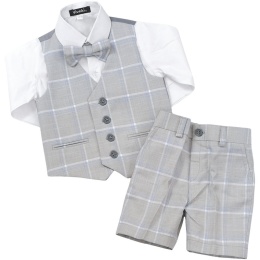 Boys Light Grey Tartan Check 4 Piece Shorts Suit