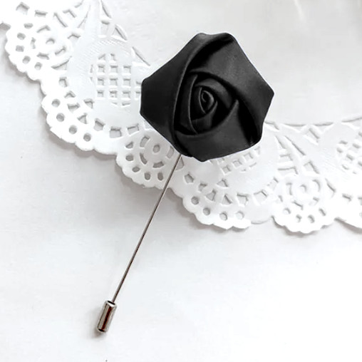 Black Satin Rose Flower Buttonhole Lapel Pin