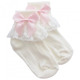 Girls Ivory Lace Socks with Baby Pink Satin Bows