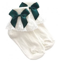 Girls Ivory Lace Socks with Forest Green Satin Bows