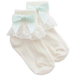 Girls Ivory Lace Socks with Mint Green Satin Bows