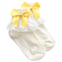 Girls Ivory Lace Socks with Yellow Satin Bows