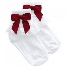 Girls White Lace Socks with Burgundy Satin Bows