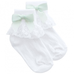Girls White Lace Socks with Mint Green Satin Bows