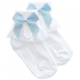 Girls White Lace Socks with Sky Blue Satin Bows