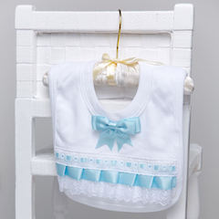 White Cotton Bib with Lace & Baby Blue Satin Ribbon Bow