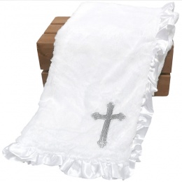 White Fleece Christening Wrap with Silver Cross