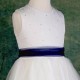 Girls Ivory Diamante & Organza Navy Sash Dress