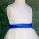 Girls Ivory Diamante & Organza Dress with Royal Blue Sash
