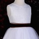 Girls White Diamante & Organza Dress with Brown Sash