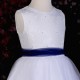 Girls White Diamante & Organza Navy Sash Dress