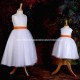 Girls White Diamante & Organza Dress with Orange Sash