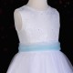 Girls White Diamante & Organza Sky Blue Sash Dress