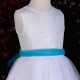 Girls White Diamante & Organza Dress with Turquoise Sash