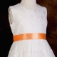 Girls Ivory Floral Lace Dress with Apricot Spice Satin Sash