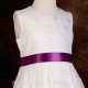 Girls Ivory Floral Lace Dress with Aubergine Satin Sash