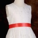 Girls Ivory Floral Lace Dress with Bright Coral Satin Sash