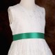 Girls Ivory Floral Lace Dress with Emerald Satin Sash