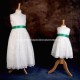 Girls Ivory Floral Lace Dress with Emerald Satin Sash