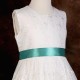 Girls Ivory Floral Lace Dress with Jade Satin Sash