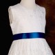 Girls Ivory Floral Lace Dress with Midnight Blue Satin Sash